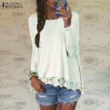 2018 Spring ZANZEA Women Blusas Casual Loose Elegant T Shirt Long Sleeve Shirt Lace Crochet Embroidery Hem Female Tops Plus Size