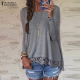 2018 Spring ZANZEA Women Blusas Casual Loose Elegant T Shirt Long Sleeve Shirt Lace Crochet Embroidery Hem Female Tops Plus Size
