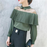 2018 spring women mesh Strapless turn collar blouse femme cold shoulder long sleeve chiffon shirt ladies ruffles tops clothing