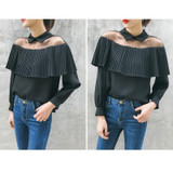 2018 spring women mesh Strapless turn collar blouse femme cold shoulder long sleeve chiffon shirt ladies ruffles tops clothing