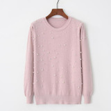 2018 Spring Women Long Sleeves Sweater Pearl Beading O-neck Knitted Jumper Pearl Pullovers Red Black Pink Beige Gray