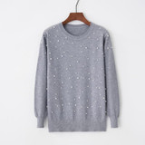 2018 Spring Women Long Sleeves Sweater Pearl Beading O-neck Knitted Jumper Pearl Pullovers Red Black Pink Beige Gray