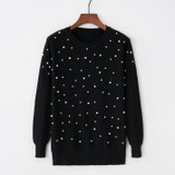 2018 Spring Women Long Sleeves Sweater Pearl Beading O-neck Knitted Jumper Pearl Pullovers Red Black Pink Beige Gray