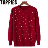 2018 Spring Women Long Sleeves Sweater Pearl Beading O-neck Knitted Jumper Pearl Pullovers Red Black Pink Beige Gray