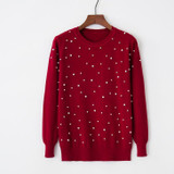 2018 Spring Women Long Sleeves Sweater Pearl Beading O-neck Knitted Jumper Pearl Pullovers Red Black Pink Beige Gray