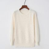 2018 Spring Women Long Sleeves Sweater Pearl Beading O-neck Knitted Jumper Pearl Pullovers Red Black Pink Beige Gray