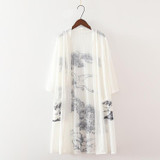 2018 Spring Women ink floral print long kimono shirt ladies loose Linen blouse Casual 3/4 sleeve blusas tops Z147