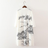 2018 Spring Women ink floral print long kimono shirt ladies loose Linen blouse Casual 3/4 sleeve blusas tops Z147