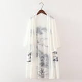 2018 Spring Women ink floral print long kimono shirt ladies loose Linen blouse Casual 3/4 sleeve blusas tops Z147