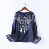 2018 Spring Women Fashion Cotton Shirt Casual Summer Floral Embroidery Lace-up O-neck Blouse Shirt Ladies Casual Boho Tops
