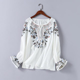 2018 Spring Women Fashion Cotton Shirt Casual Summer Floral Embroidery Lace-up O-neck Blouse Shirt Ladies Casual Boho Tops