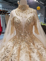 LS65840 luxury golden lace decorate dubai wedding dress sweetheart off shoulder pleat bride dress with golden necklace long cape