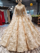 LS65840 luxury golden lace decorate dubai wedding dress sweetheart off shoulder pleat bride dress with golden necklace long cape