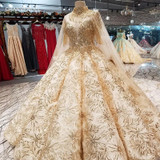 LS65840 luxury golden lace decorate dubai wedding dress sweetheart off shoulder pleat bride dress with golden necklace long cape
