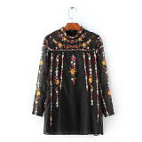 LQ82  autumn women stand collar gorgeous  tiny floral embroidery black dot  shirt blouse ladies elegant pullover blouses tops