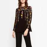 LQ82  autumn women stand collar gorgeous  tiny floral embroidery black dot  shirt blouse ladies elegant pullover blouses tops