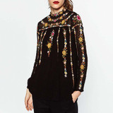 LQ82  autumn women stand collar gorgeous  tiny floral embroidery black dot  shirt blouse ladies elegant pullover blouses tops