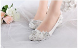 Low high heels bridal wedding shoes white rhinestones lace wedding pumps shoe for spring summer bridesmaid shoes XNA 242