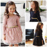 Baby Princess Girls Lace Polka Dot Long Sleeve Party Gown Formal Dress With Belt