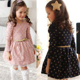 Baby Princess Girls Lace Polka Dot Long Sleeve Party Gown Formal Dress With Belt