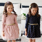 Baby Princess Girls Lace Polka Dot Long Sleeve Party Gown Formal Dress With Belt