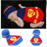 Baby Newborn Photography Props Costume Hand Crochet Knit Infant Beanie Hat with Cape Animal Design Wing Batman Policeman SG040