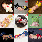 Baby Newborn Photography Props Costume Hand Crochet Knit Infant Beanie Hat with Cape Animal Design Wing Batman Policeman SG040