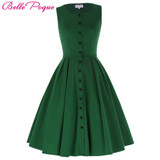 Belle Poque Women Summer Dress 2017 Retro Vintage Sleeveless Screw Neck Button High Stretch Flared Rockabilly Party Picnic Dress