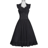 Belle Poque Women Sleeveless V-Neck Lace-up Corset Ruffle Dress 2017 Retro Vintage Steampunk Black Punk Gothic Victorian Dress
