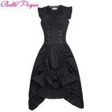 Belle Poque Women Sleeveless V-Neck Lace-up Corset Ruffle Dress 2017 Retro Vintage Steampunk Black Punk Gothic Victorian Dress