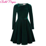 Belle Poque Winter Velvet Dress 2017 Big Swing Long Sleeve Green Tunic Elegant Women Clothing Casual Retro Vintage Party Dresses