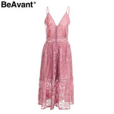 BeAvant v neck sexy lace summer dress women Strap button casual white dress female Streetwear backless midi dress vestidos 2018
