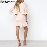 BeAvant Chiffon ruffle summer dress Women batwing sleeve streetwear causal dress Hollow out pink short dress spring vestidos