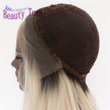 BeautyTown Heat Resistant Hair Black Root Ombre Blonde Two Tone Color Natural Wave Daily Synthetic Lace Front Wig For Gift