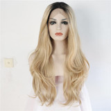 BeautyTown Heat Resistant Hair Black Root Ombre Blonde Two Tone Color Natural Wave Daily Synthetic Lace Front Wig For Gift