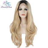 BeautyTown Heat Resistant Hair Black Root Ombre Blonde Two Tone Color Natural Wave Daily Synthetic Lace Front Wig For Gift