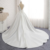 Beauty-Emily Ivory Stain Wedding Dresses 2018 Beads Bow Floor-Lenth Court Train O-Neck Backless Bridal Gown Party Dresses
