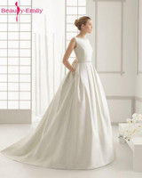 Beauty-Emily Ivory Stain Wedding Dresses 2018 Beads Bow Floor-Lenth Court Train O-Neck Backless Bridal Gown Party Dresses
