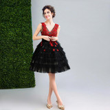 Beauty-Emily Red and Black Short Cocktail Dresses 2017 Deep V-neck Sleeveless Backless Knee-Length Party Prom Dresses