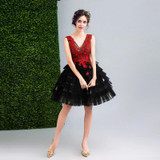 Beauty-Emily Red and Black Short Cocktail Dresses 2017 Deep V-neck Sleeveless Backless Knee-Length Party Prom Dresses