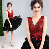 Beauty-Emily Red and Black Short Cocktail Dresses 2017 Deep V-neck Sleeveless Backless Knee-Length Party Prom Dresses