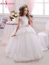 Beauty Emily White Ivory Flower Girl Dresses 2018 Ball Gown Pink Belt Bow Lace Wedding Party Girl Prom Dresses