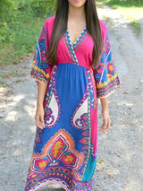 Beautiful Floral-Print Half Sleeve V Neck Bohemia Maxi Dress