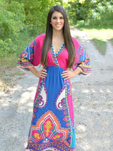 Beautiful Floral-Print Half Sleeve V Neck Bohemia Maxi Dress