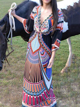 Beautiful Floral-Print Half Sleeve V Neck Bohemia Maxi Dress