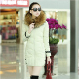New 2014 high quality warm women winter jacket fur hood solid color coat fashion long slim wadded thick parka female
