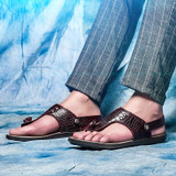 new 100% Genuine Leather Men sandals,Summer brand beach slippers crocodile Men's flip flops casual moccasin plus size sandals