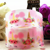 New 1 '25mm pink unicorn cartoon ribbon 10 yards DIY handmade material gift package printing bow printing. belt grosgrain ribbon