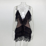 New  Sexy V-Neck Strap Tassel Jumpsuits Rompers 2017  Jumpsui Women's Sleeveless Mesh Tassel Lace Backless Jumpsuit