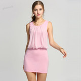 New  2014 autumn -summer Women's Mini Dress Crew Neck Chiffon Sleeveless Causal Tunic Sundress 4 colors 4 Sizes S M L XL